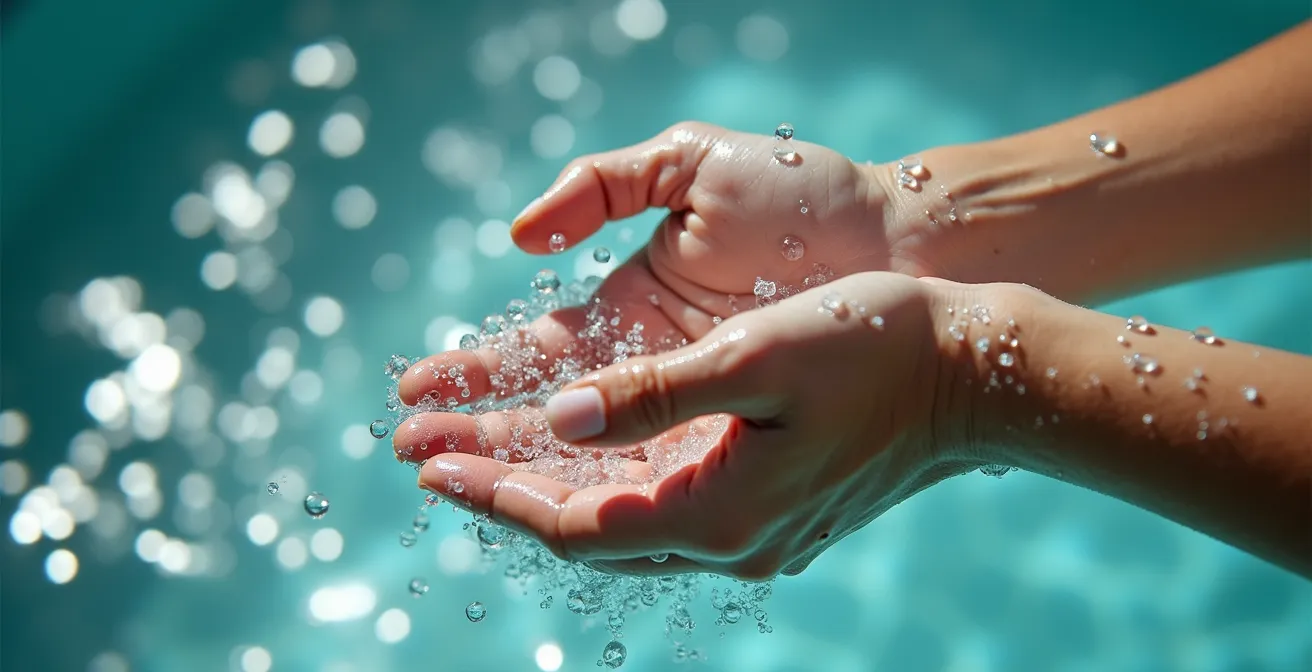 Gros plan sur des mains immergées dans l'eau bouillonnante