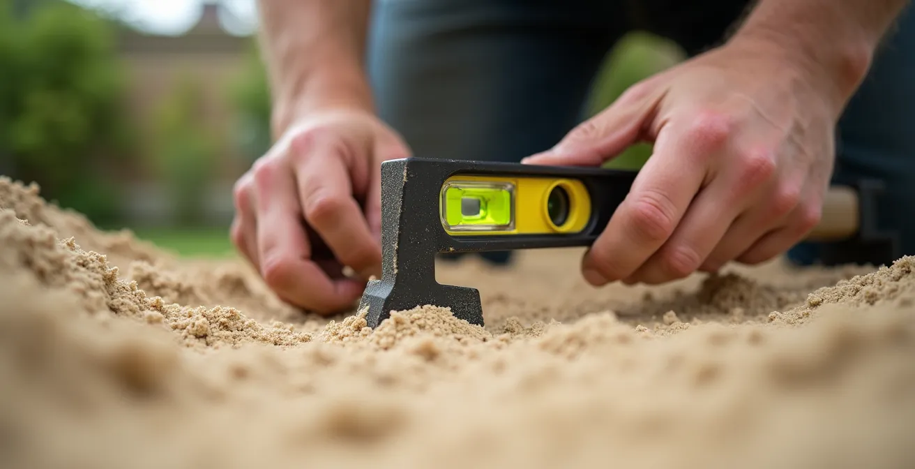 Gros plan sur la préparation minutieuse d'un terrain avec niveau et sable