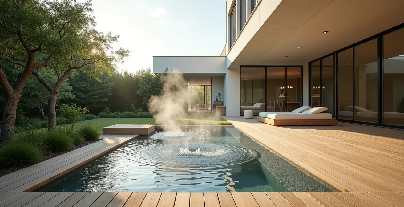 Vue d'ensemble d'une famille profitant d'un spa gonflable dans un jardin