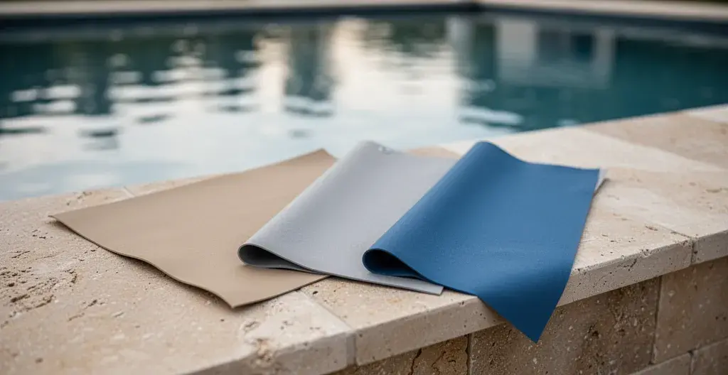 Échantillons de liners piscine différentes couleurs posés sur margelle