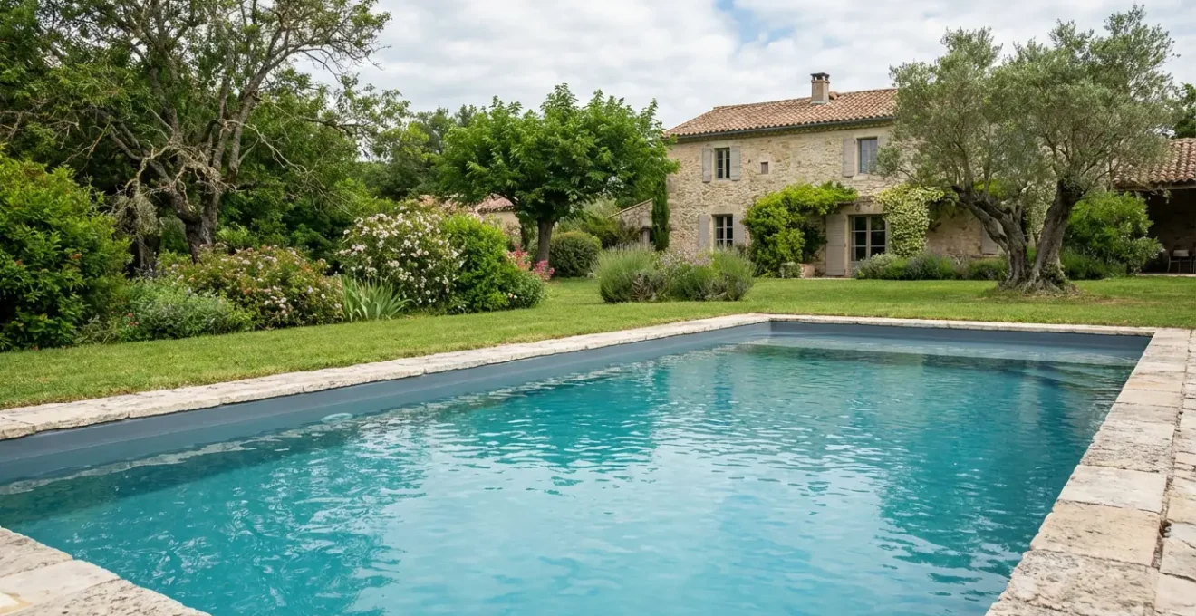 Piscine résidentielle avec liner gris moderne et eau turquoise