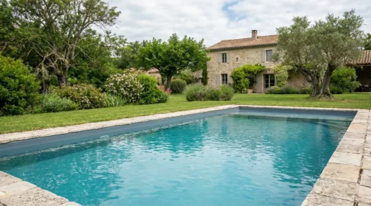 Piscine résidentielle avec liner gris moderne et eau turquoise