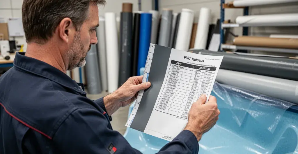 Technicien examinant un échantillon de liner piscine pour vérifier l'épaisseur