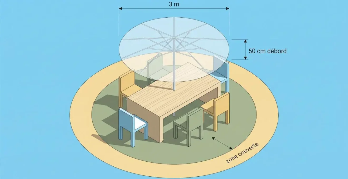 Illustration 3D isométrique montrant une table de jardin rectangulaire vue du dessus avec un parasol circulaire semi-transparent au-dessus, matérialisé par des lignes de cotation indiquant le diamètre de 3m et le débord de 50cm, avec cercles concentriques au sol visualisant les zones de couverture.