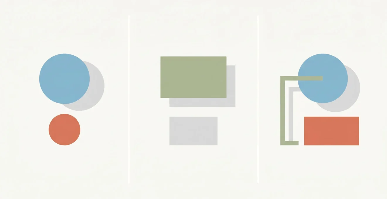 Infographie en flat design montrant trois configurations vues du dessus : parasol rond au-dessus d'une table ronde, parasol rectangulaire au-dessus d'une table rectangulaire, et parasol déporté positionné latéralement à côté d'une table, avec ombres portées illustrant la couverture.