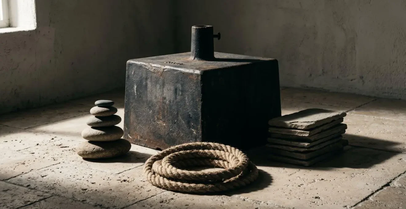 Nature morte conceptuelle en studio montrant un socle massif de parasol en fonte ou béton entouré de galets empilés et de dalles de pierre, éclairé par une lumière latérale créant un clair-obscur dramatique, symbolisant stabilité et ancrage.