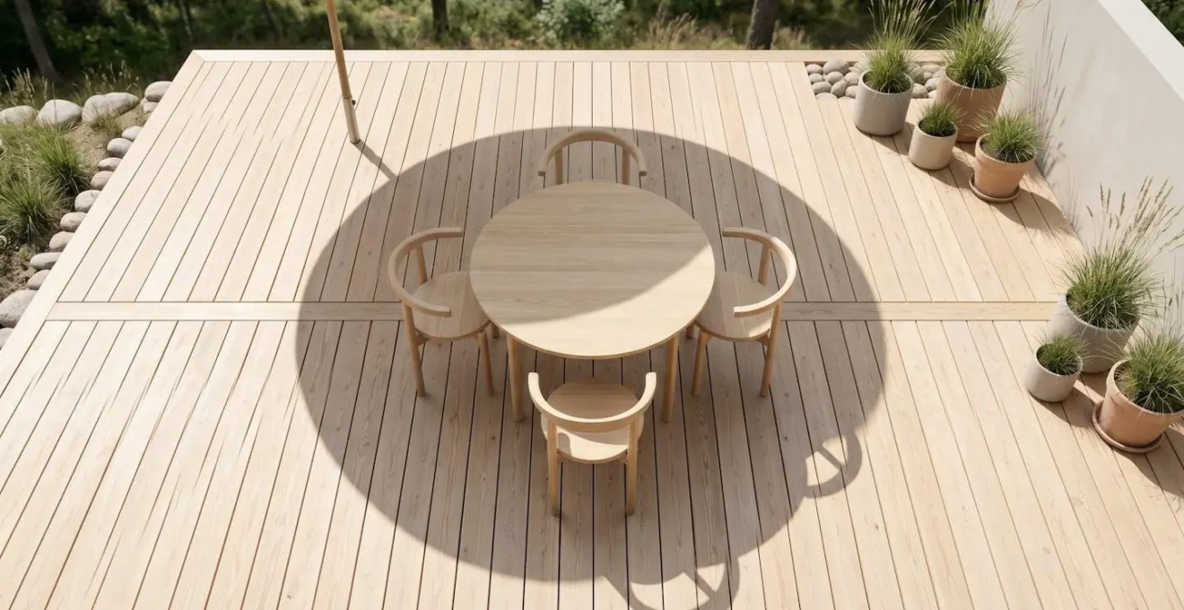 Vue aérienne d'une terrasse en bois clair avec l'ombre circulaire d'un parasol couvrant parfaitement une table ronde et quatre chaises disposées symétriquement, illustrant l'harmonie dimensionnelle optimale.