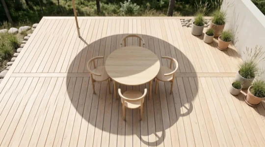 Vue aérienne d'une terrasse en bois clair avec l'ombre circulaire d'un parasol couvrant parfaitement une table ronde et quatre chaises disposées symétriquement, illustrant l'harmonie dimensionnelle optimale.