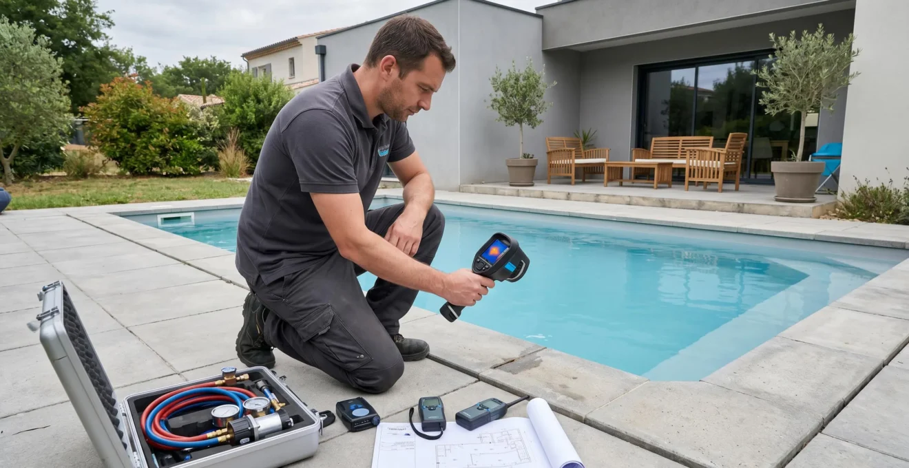 Technicien professionnel utilisant une caméra thermique pour détecter une fuite de piscine, équipement de diagnostic visible sur la terrasse