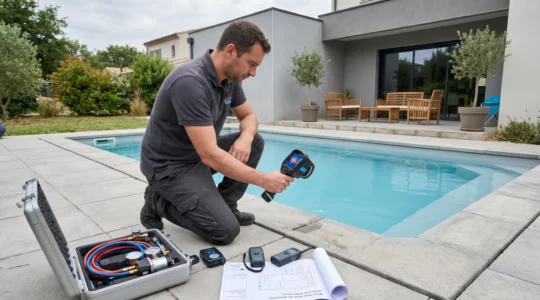 Technicien professionnel utilisant une caméra thermique pour détecter une fuite de piscine, équipement de diagnostic visible sur la terrasse
